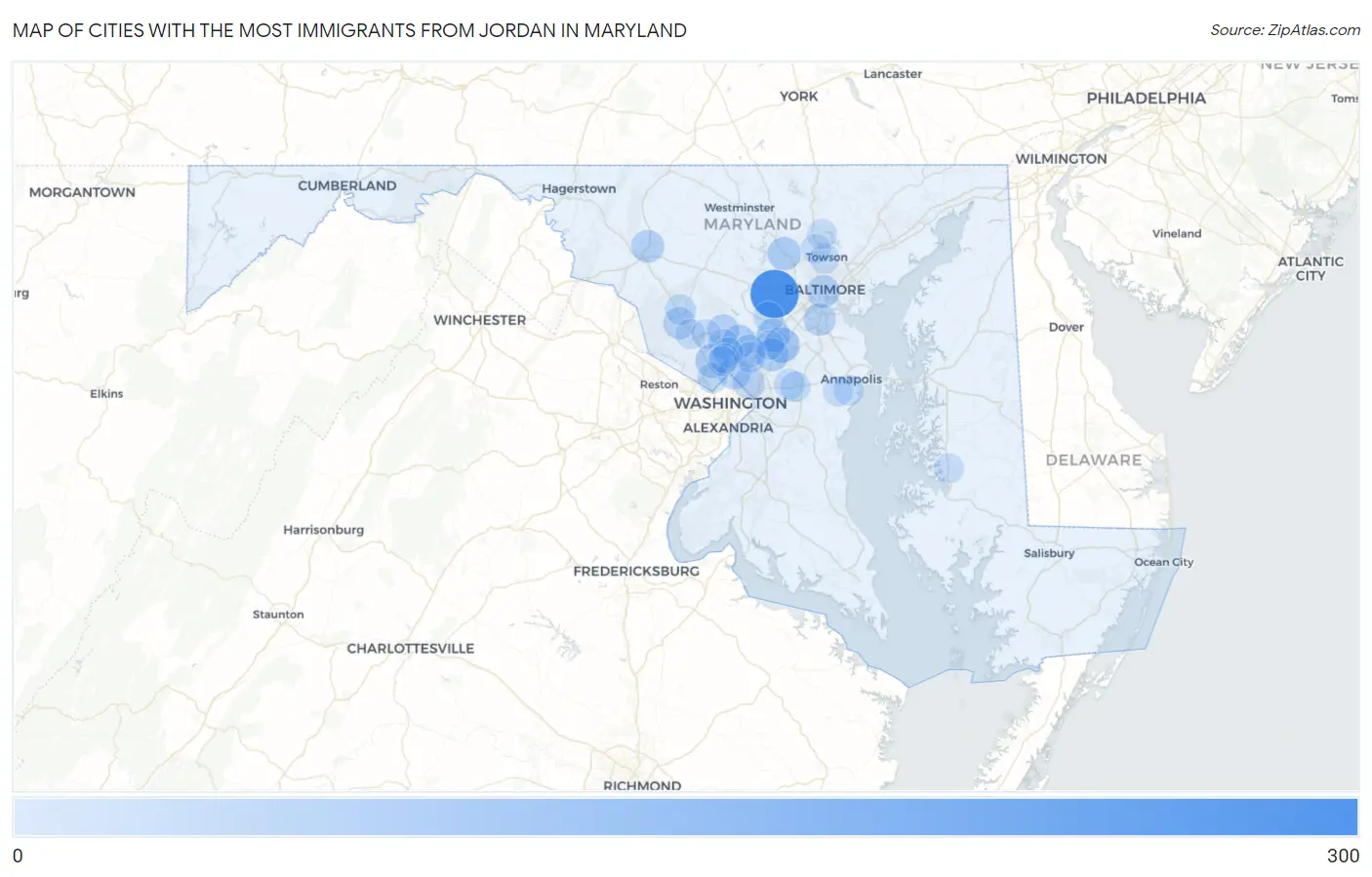 Cities with the Most Immigrants from Jordan in Maryland Map