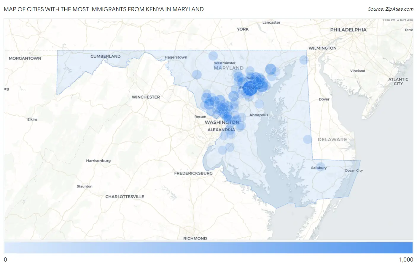 Cities with the Most Immigrants from Kenya in Maryland Map
