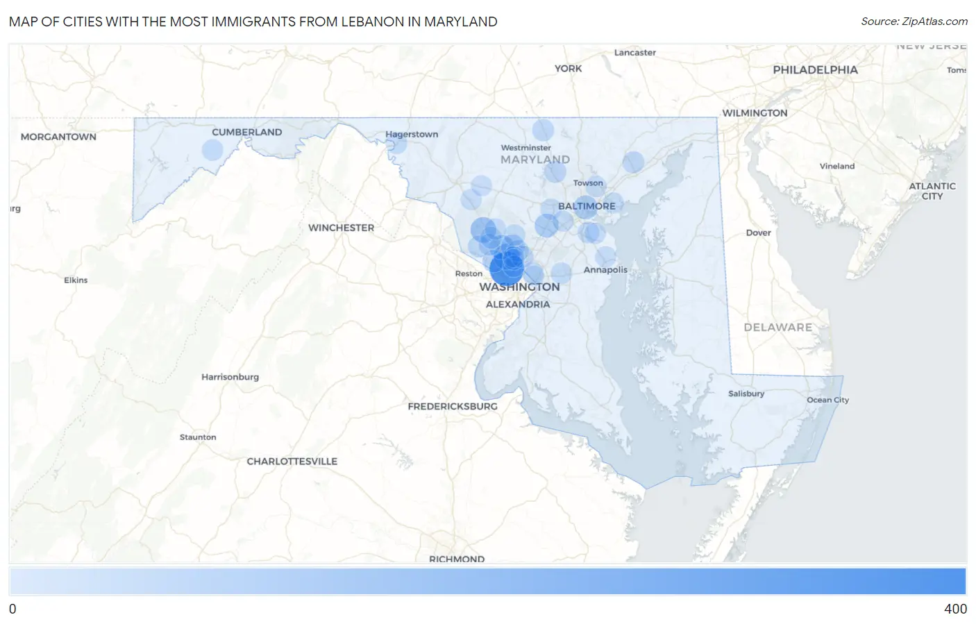 Cities with the Most Immigrants from Lebanon in Maryland Map