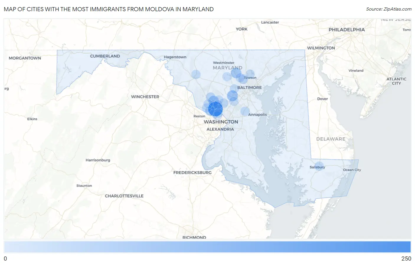 Cities with the Most Immigrants from Moldova in Maryland Map