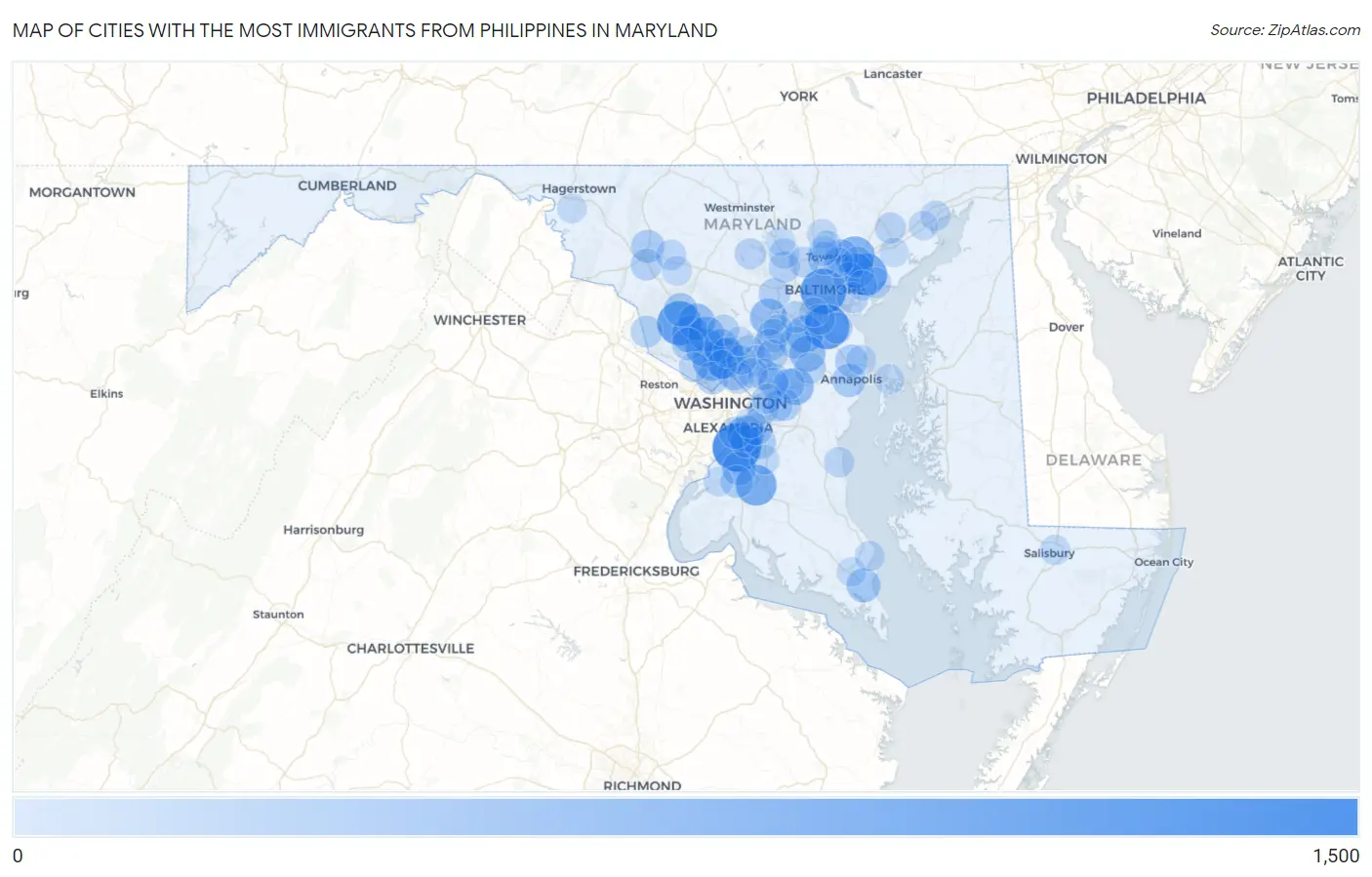 Cities with the Most Immigrants from Philippines in Maryland Map