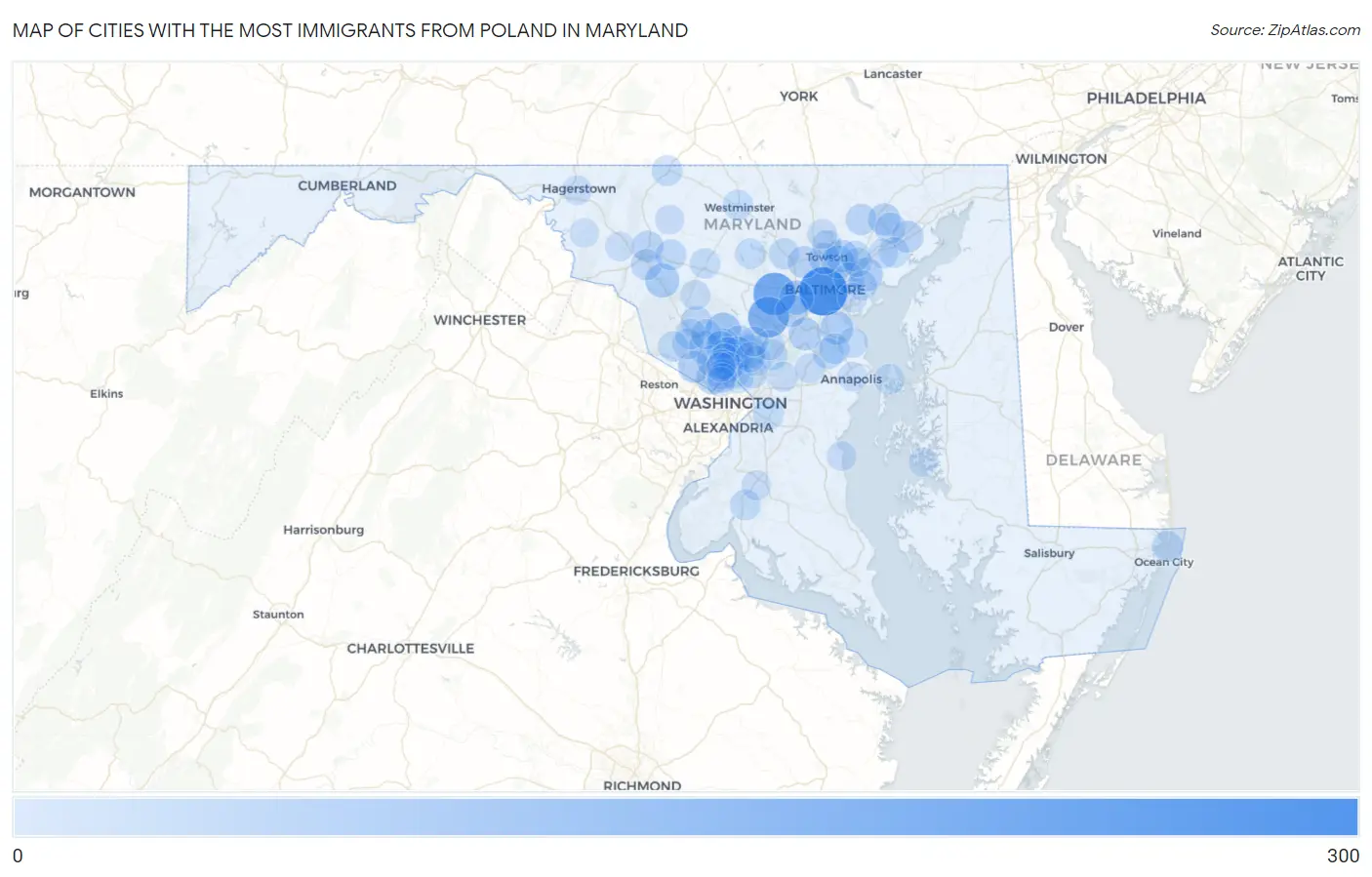 Cities with the Most Immigrants from Poland in Maryland Map