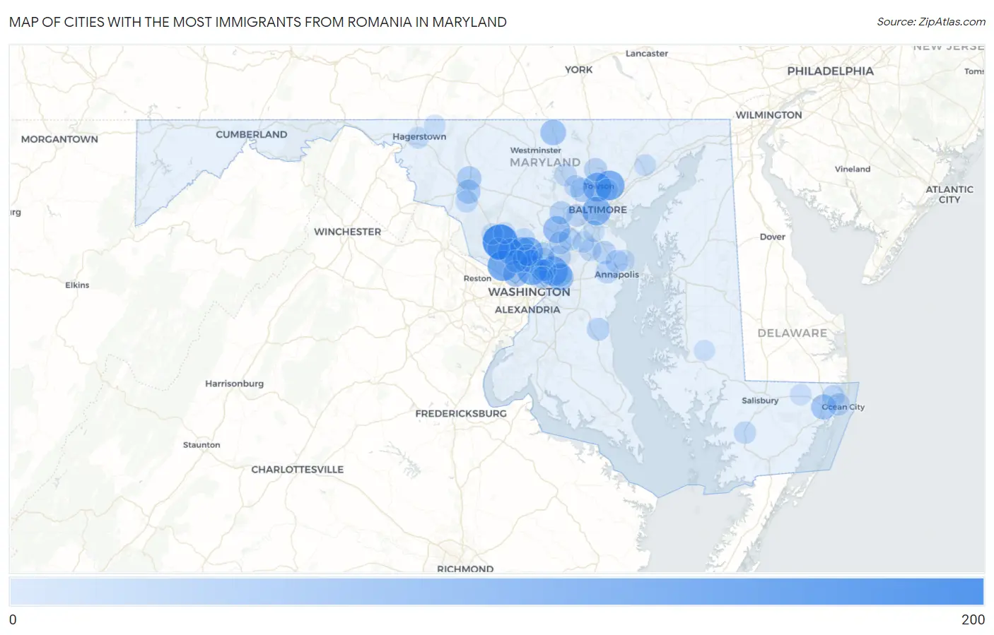 Cities with the Most Immigrants from Romania in Maryland Map