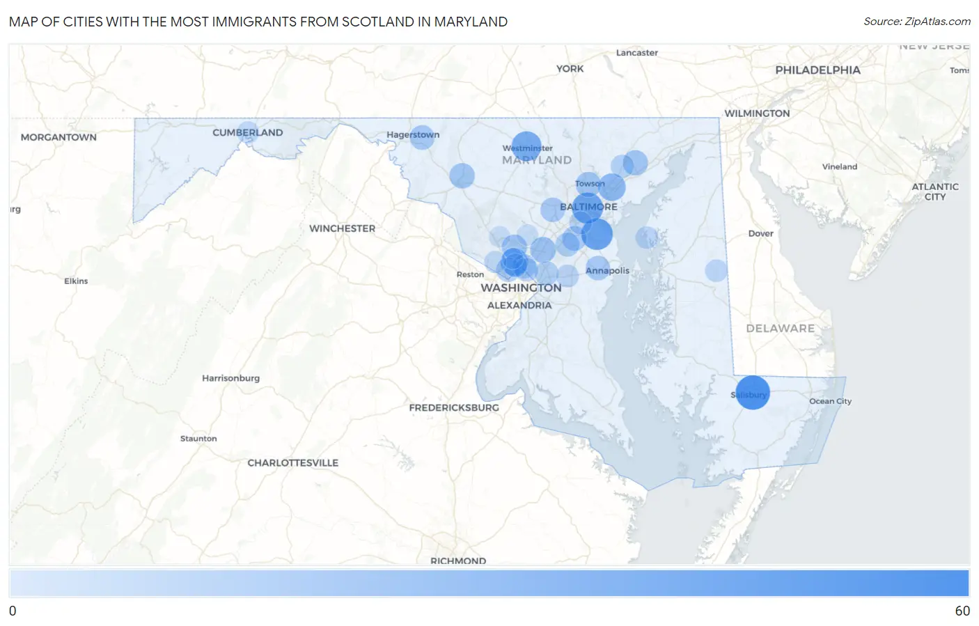 Cities with the Most Immigrants from Scotland in Maryland Map