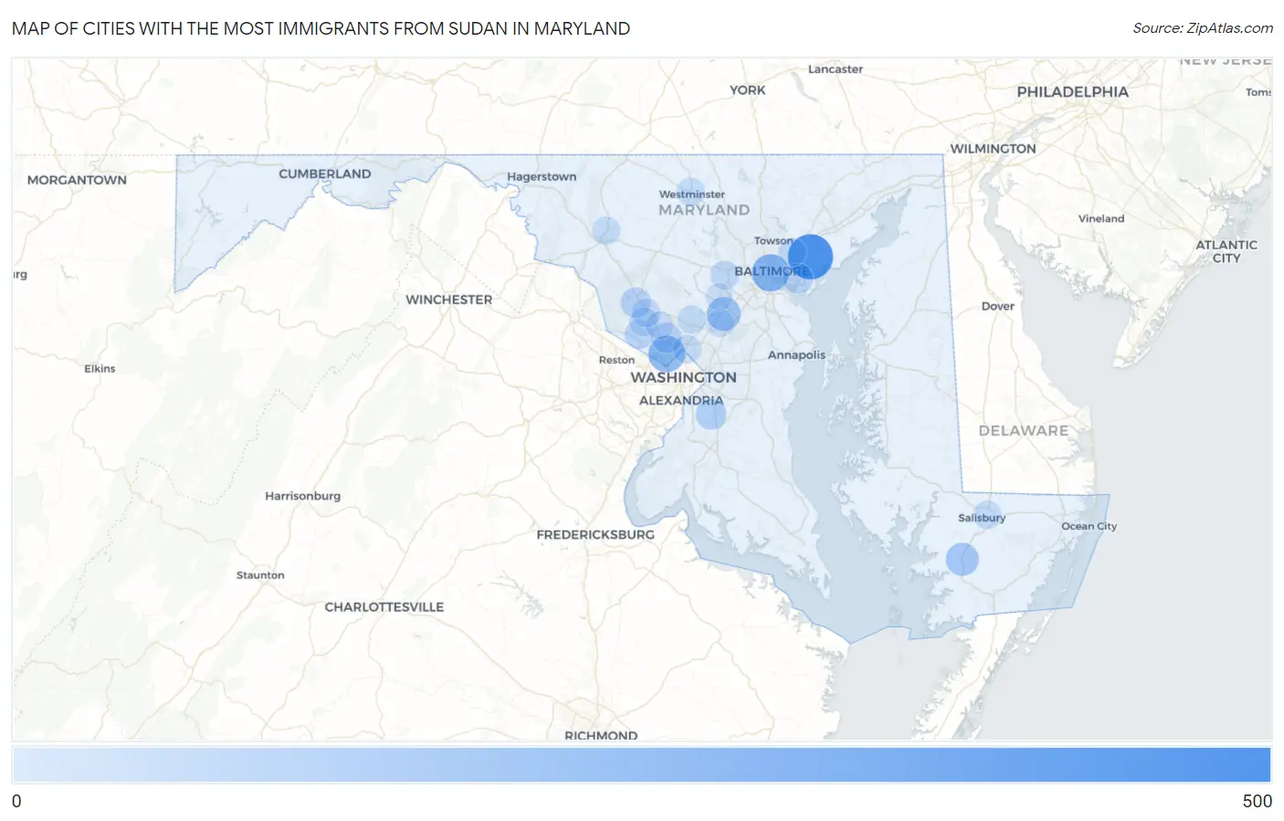 Cities with the Most Immigrants from Sudan in Maryland Map