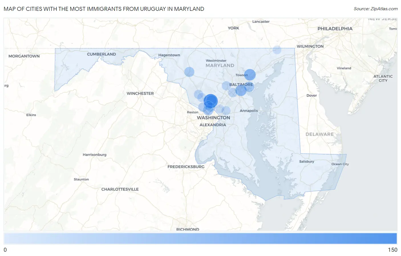 Cities with the Most Immigrants from Uruguay in Maryland Map