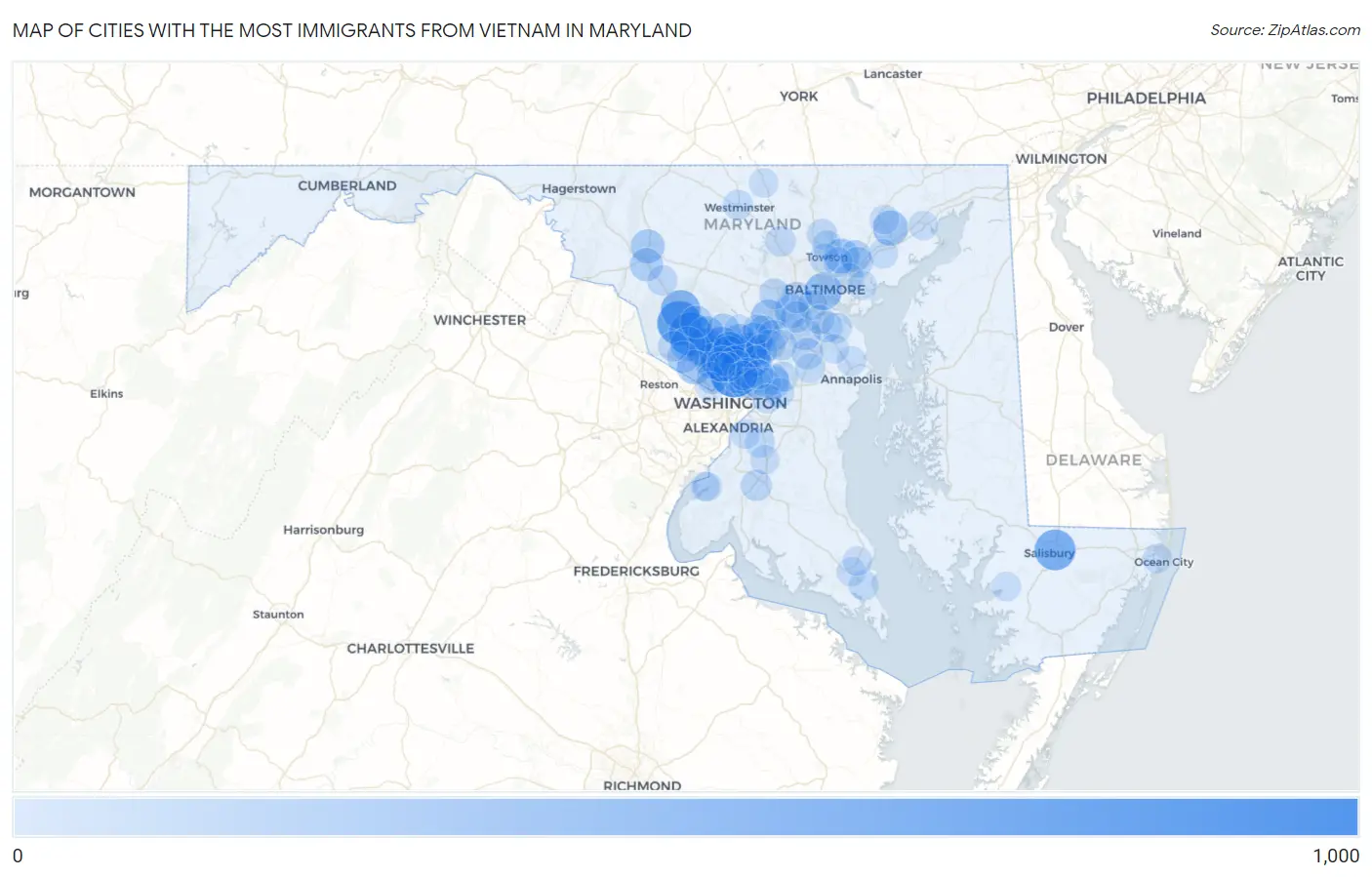Cities with the Most Immigrants from Vietnam in Maryland Map