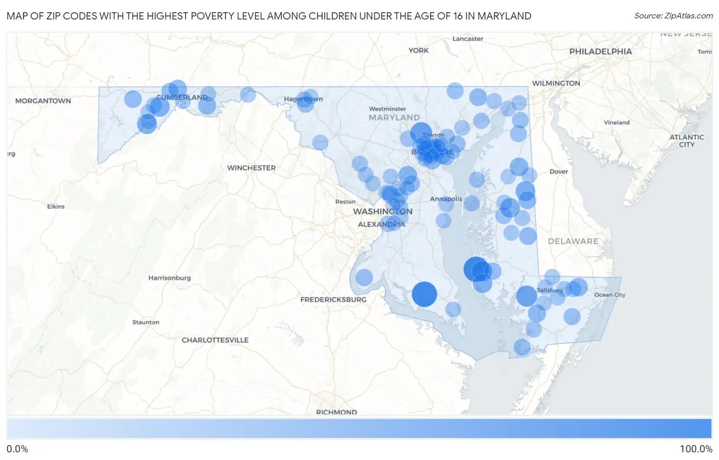 Zip Codes with the Highest Poverty Level Among Children Under the Age of 16 in Maryland Map