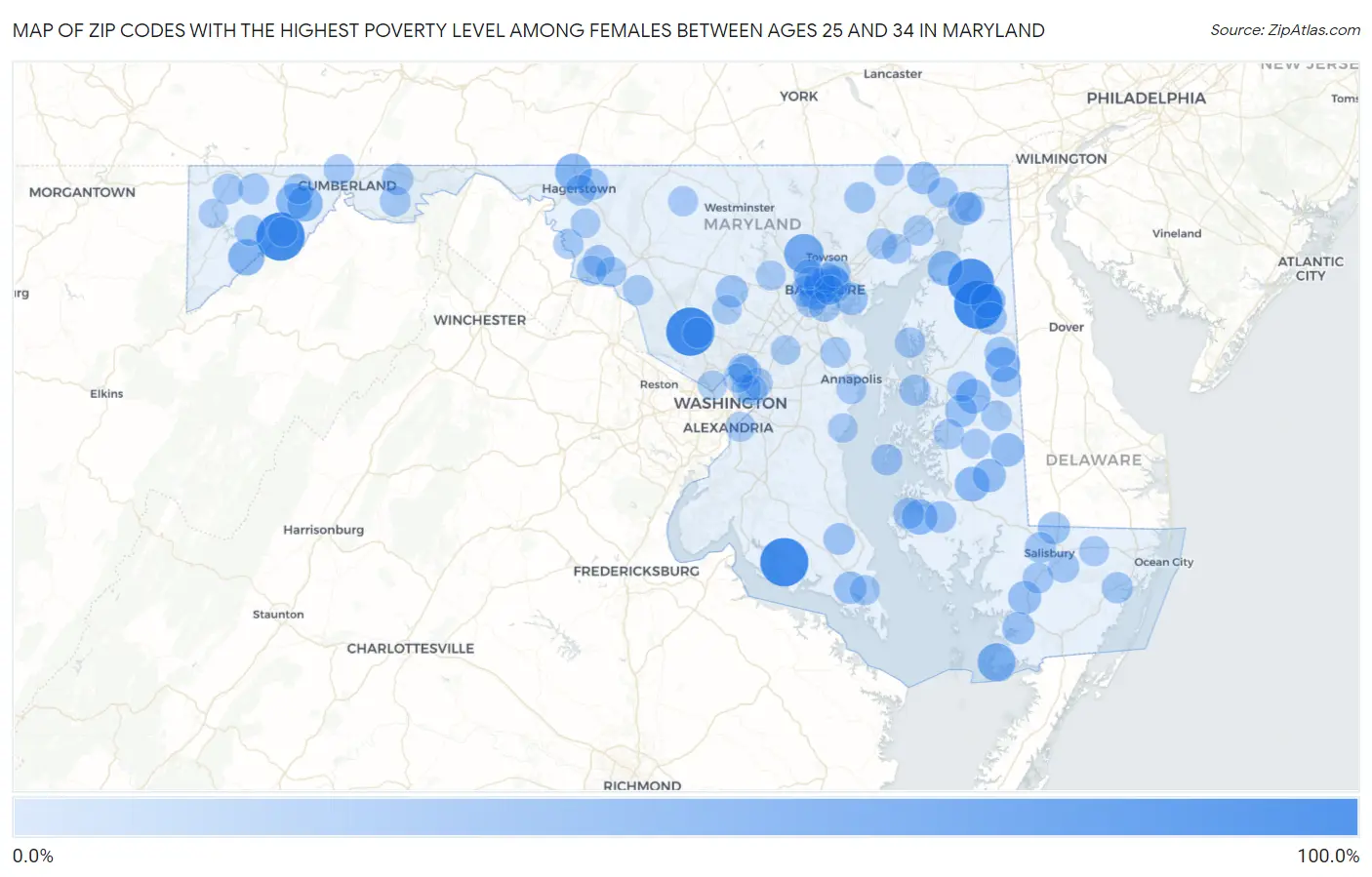 Zip Codes with the Highest Poverty Level Among Females Between Ages 25 and 34 in Maryland Map