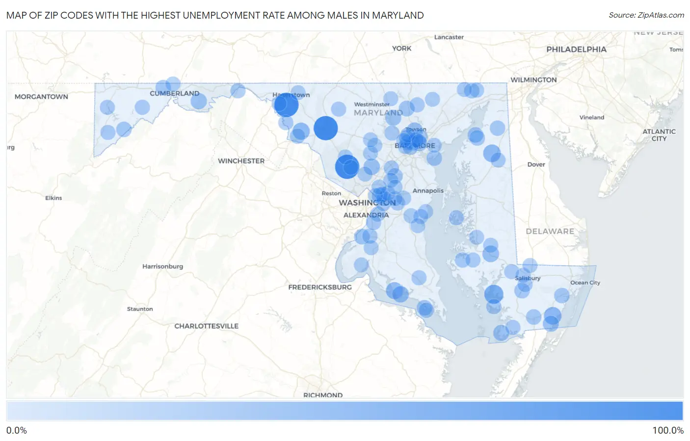 Zip Codes with the Highest Unemployment Rate Among Males in Maryland Map