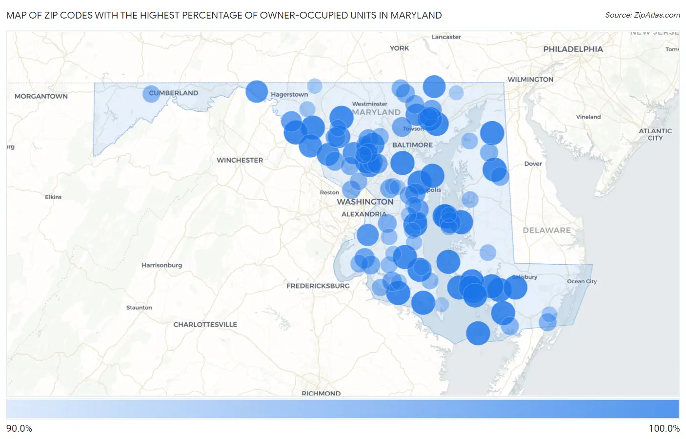 Zip Codes with the Highest Percentage of Owner-Occupied Units in Maryland Map
