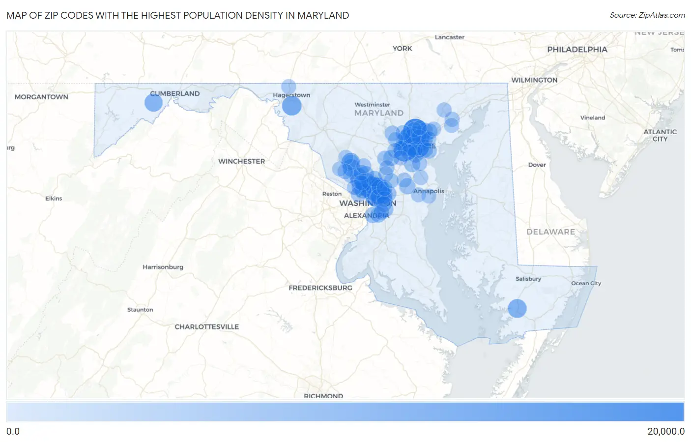Zip Codes with the Highest Population Density in Maryland Map