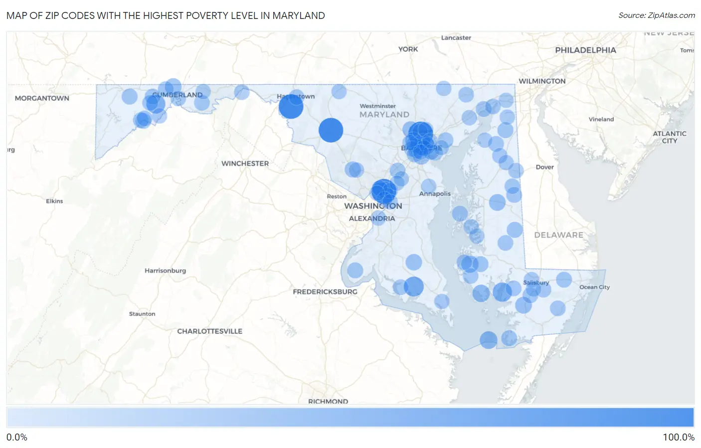 Zip Codes with the Highest Poverty Level in Maryland Map