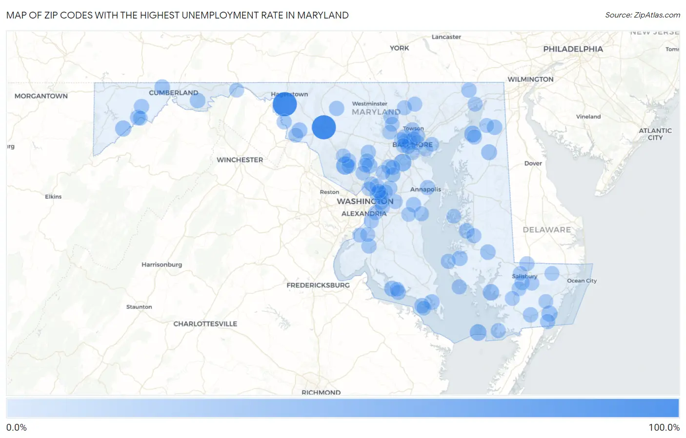 Zip Codes with the Highest Unemployment Rate in Maryland Map
