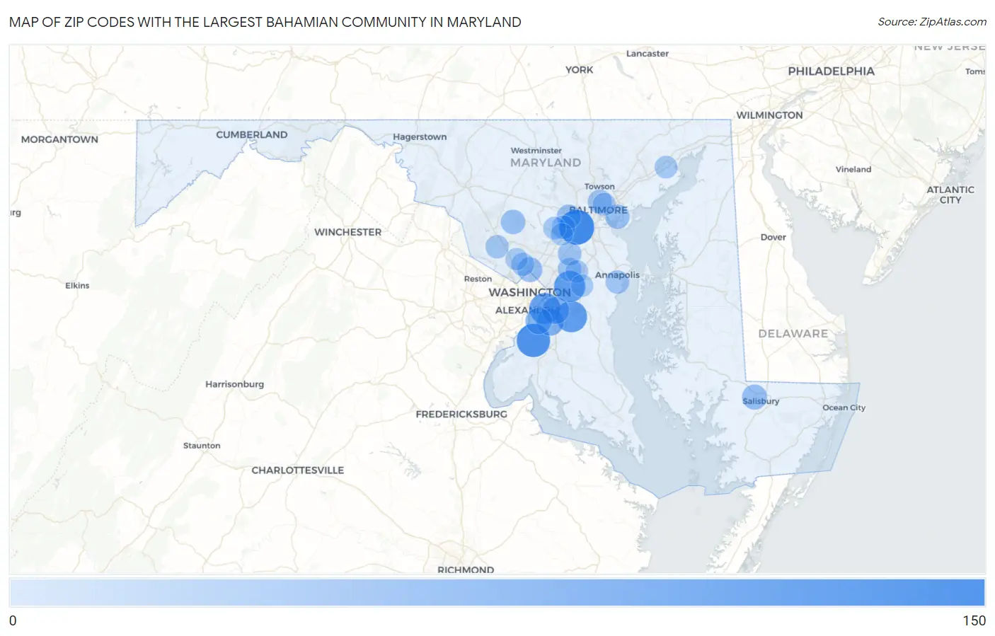 Zip Codes with the Largest Bahamian Community in Maryland Map
