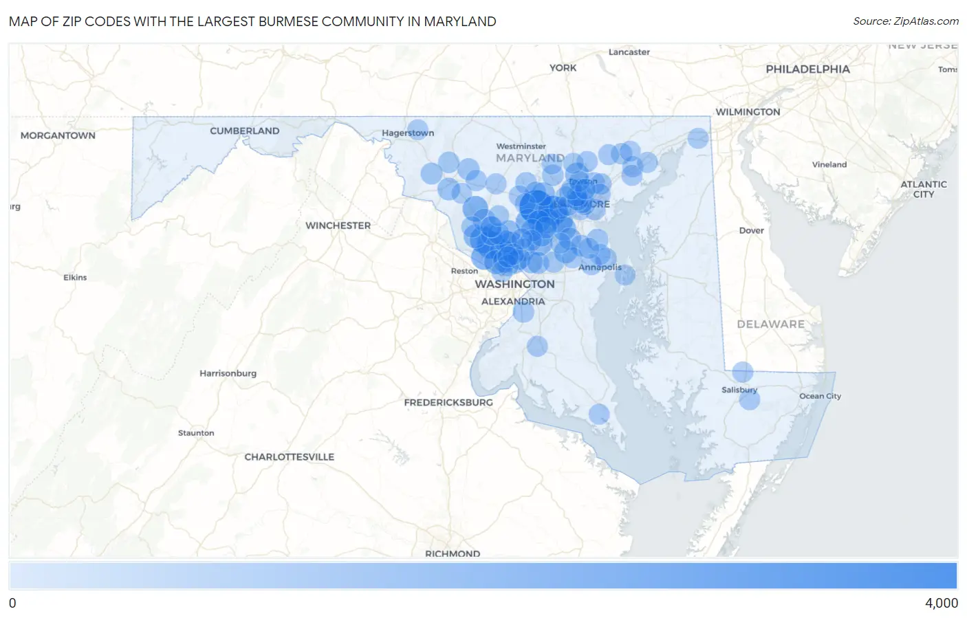 Zip Codes with the Largest Burmese Community in Maryland Map