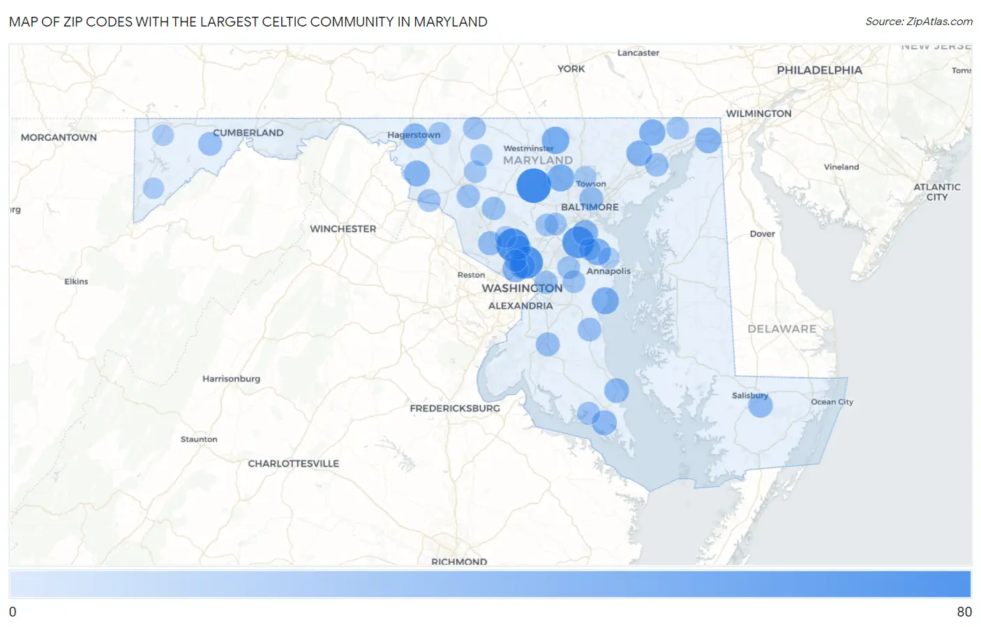Zip Codes with the Largest Celtic Community in Maryland Map