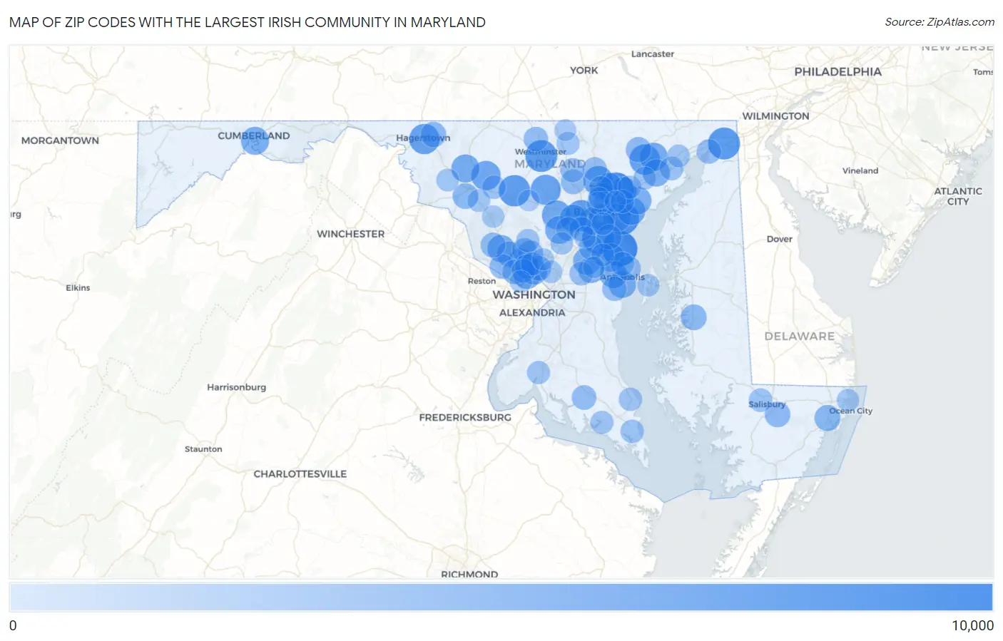 Zip Codes with the Largest Irish Community in Maryland Map