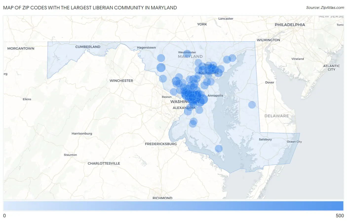 Zip Codes with the Largest Liberian Community in Maryland Map