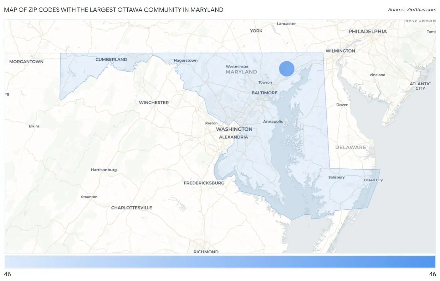 Zip Codes with the Largest Ottawa Community in Maryland Map