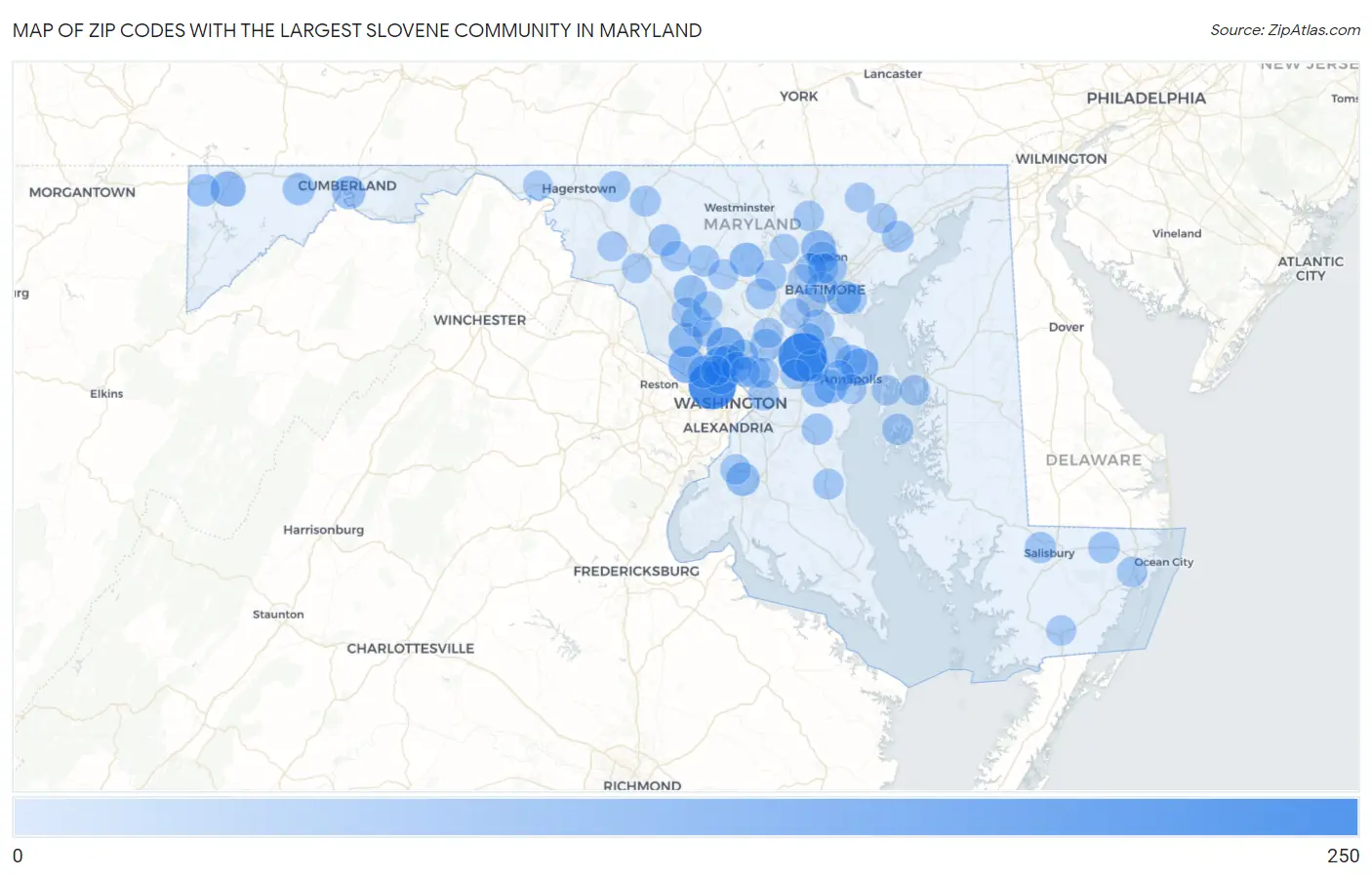 Zip Codes with the Largest Slovene Community in Maryland Map