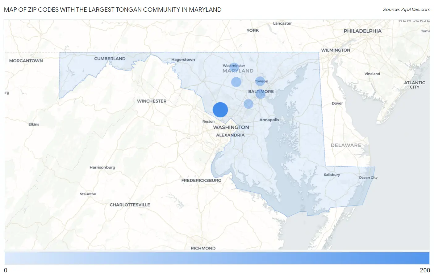 Zip Codes with the Largest Tongan Community in Maryland Map