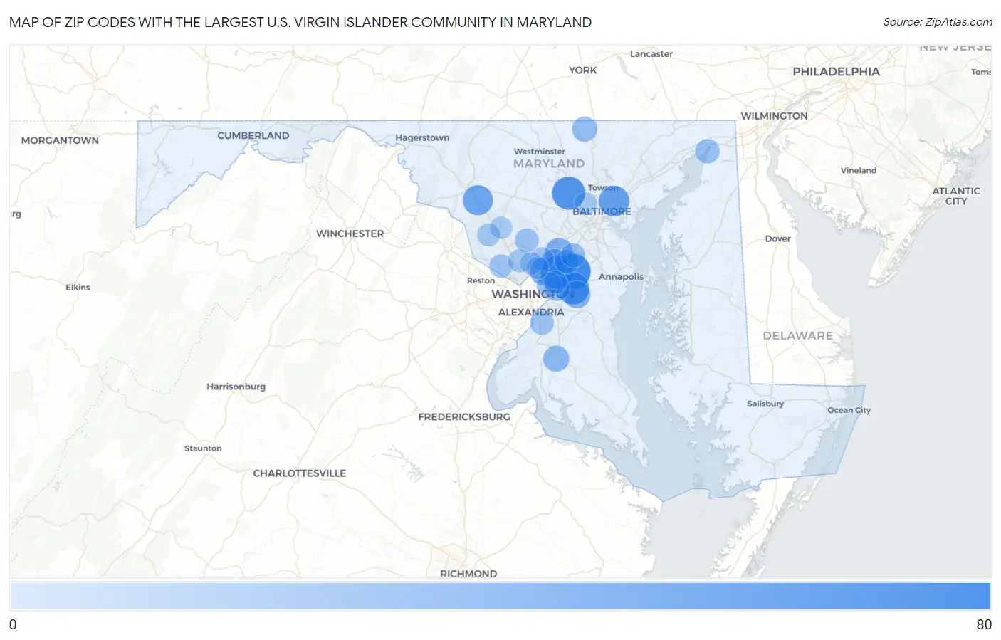 Zip Codes with the Largest U.S. Virgin Islander Community in Maryland Map