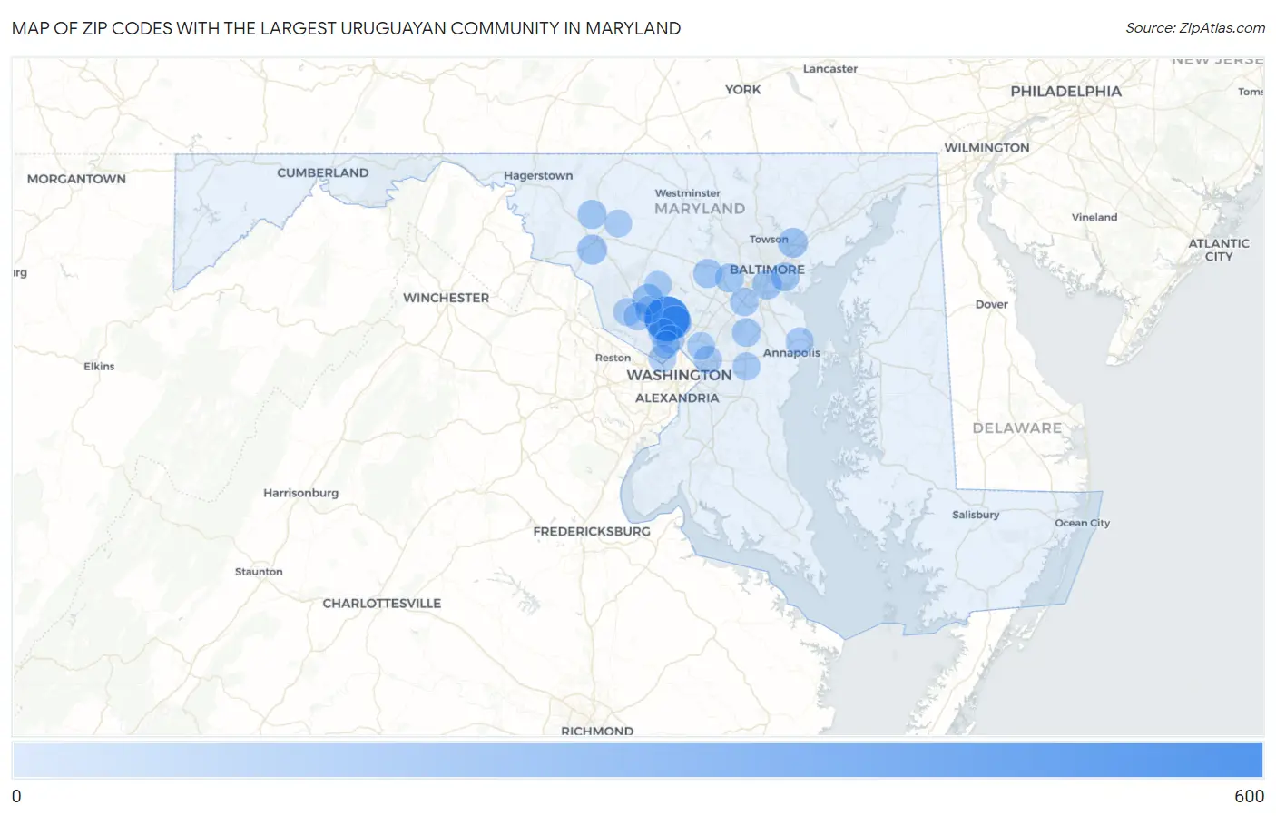 Zip Codes with the Largest Uruguayan Community in Maryland Map
