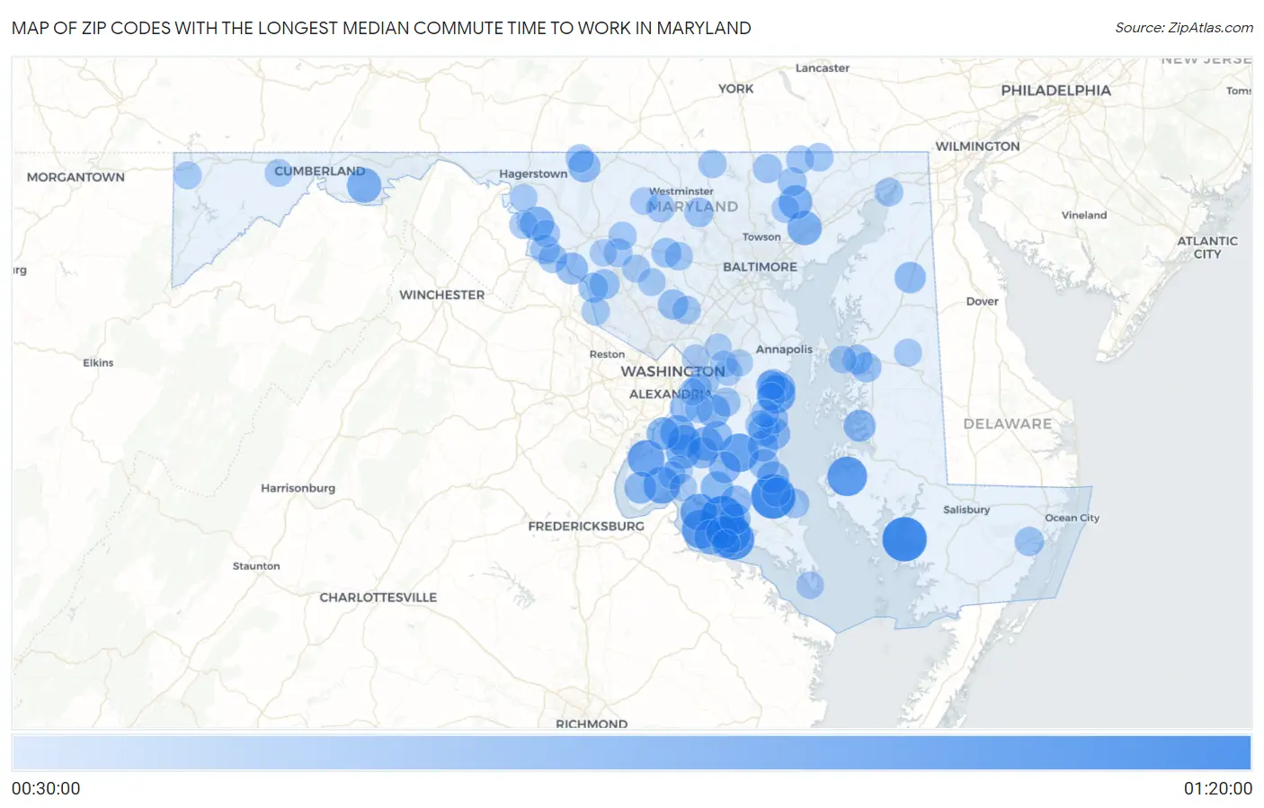 Zip Codes with the Longest Median Commute Time to Work in Maryland Map