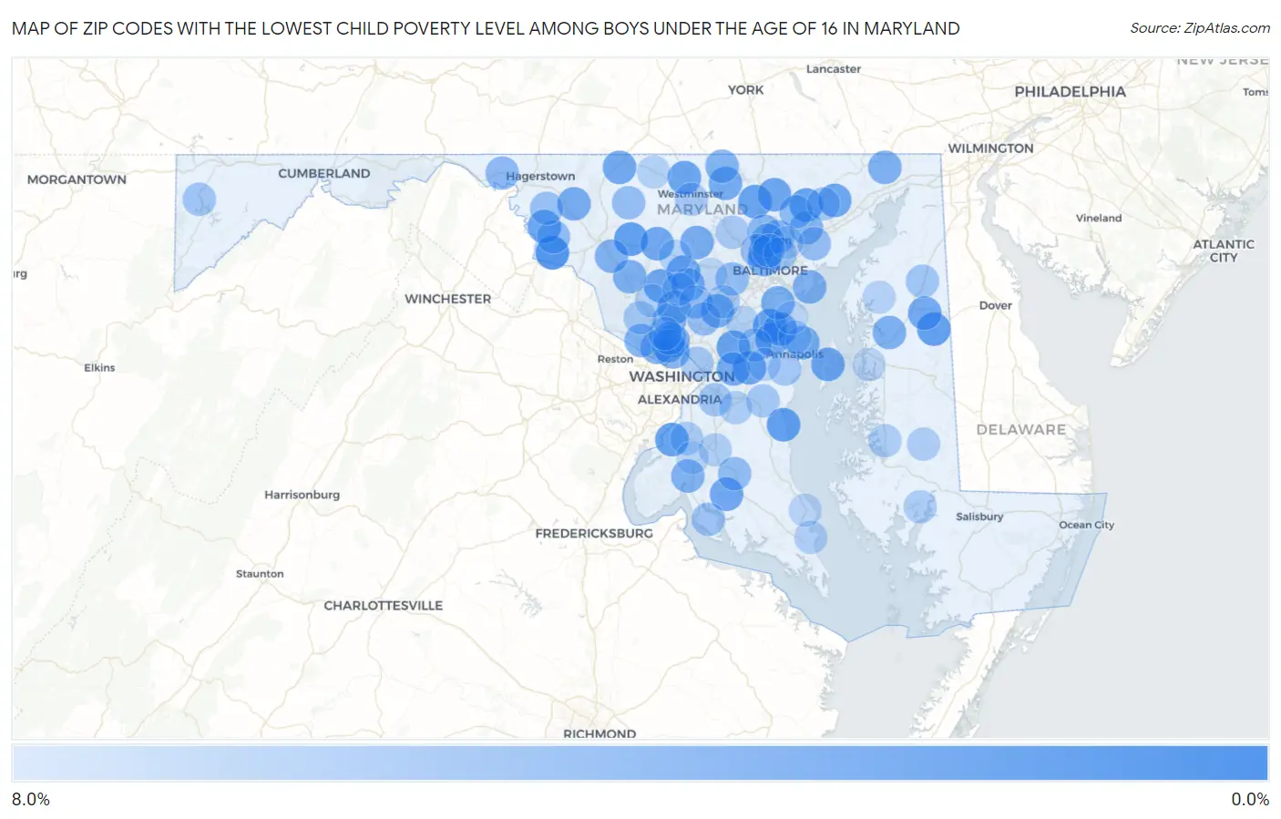 Zip Codes with the Lowest Child Poverty Level Among Boys Under the Age of 16 in Maryland Map