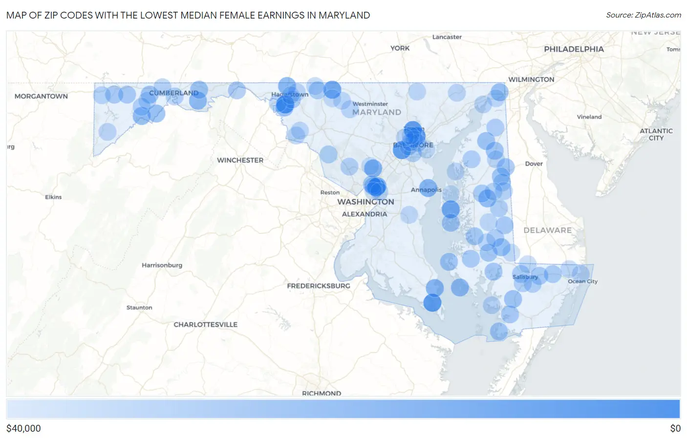 Zip Codes with the Lowest Median Female Earnings in Maryland Map