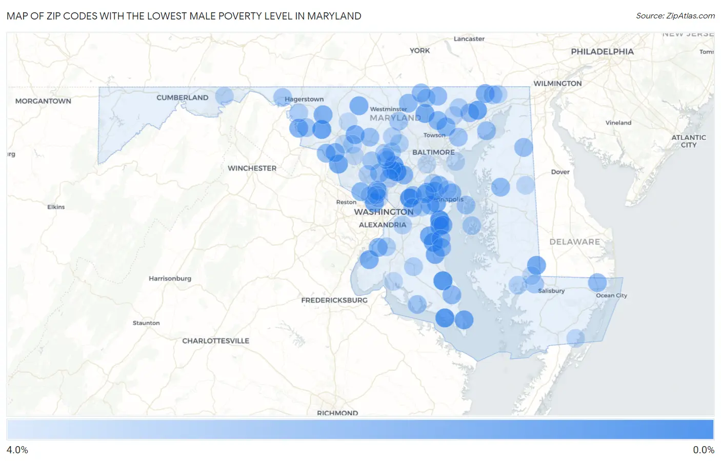 Zip Codes with the Lowest Male Poverty Level in Maryland Map