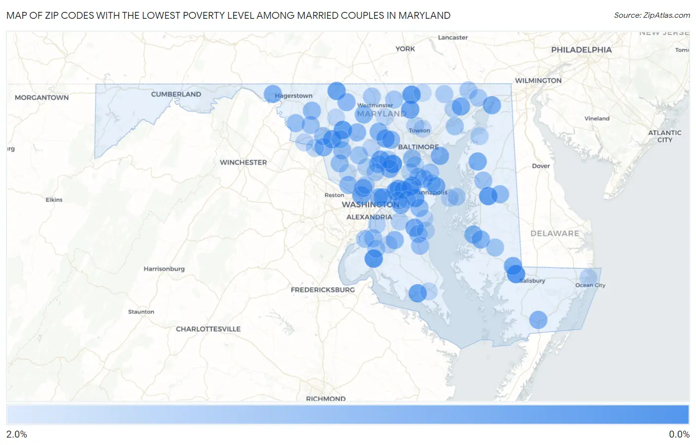 Zip Codes with the Lowest Poverty Level Among Married Couples in Maryland Map