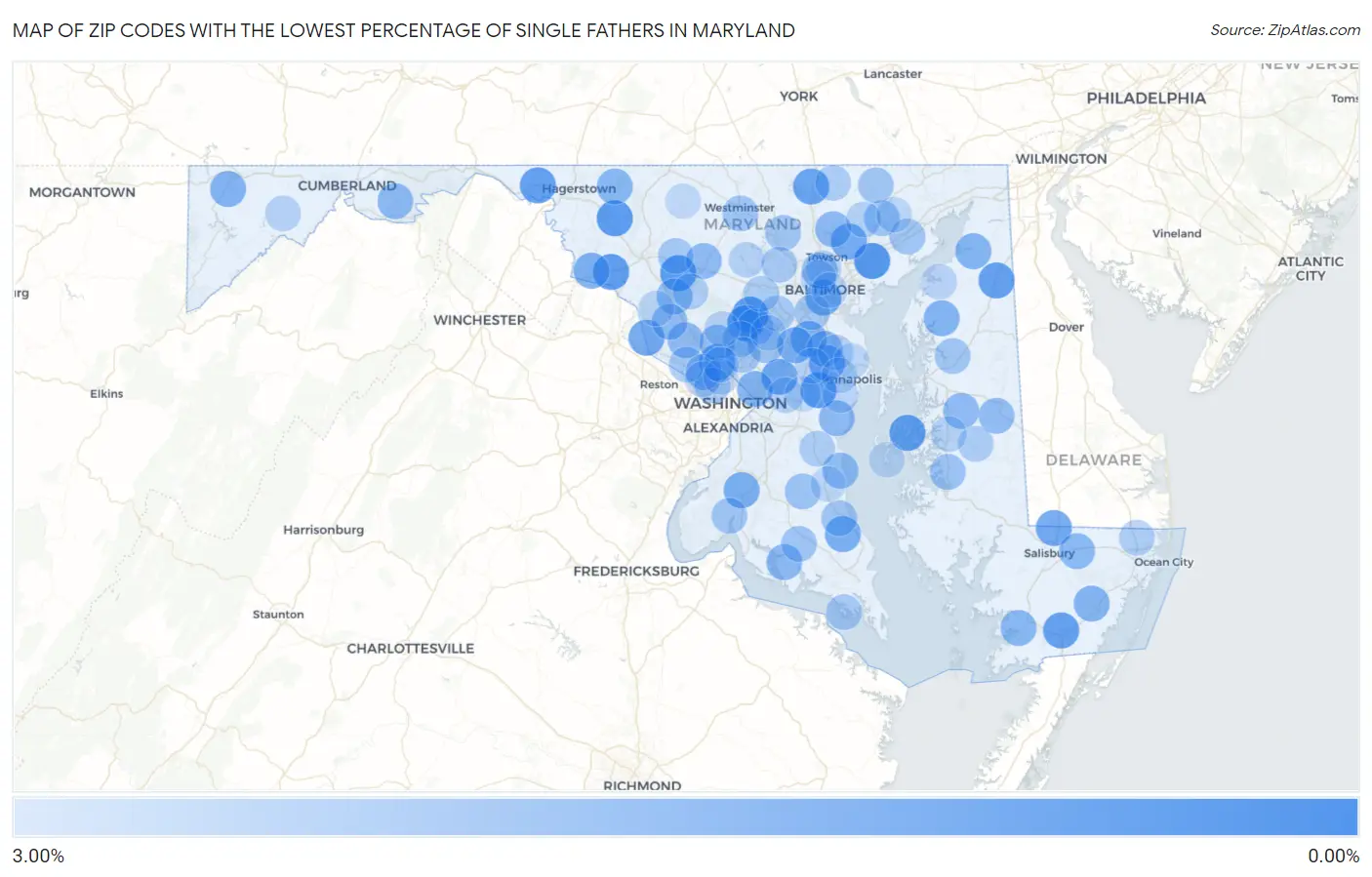 Zip Codes with the Lowest Percentage of Single Fathers in Maryland Map