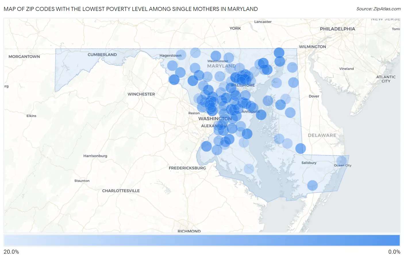 Zip Codes with the Lowest Poverty Level Among Single Mothers in Maryland Map