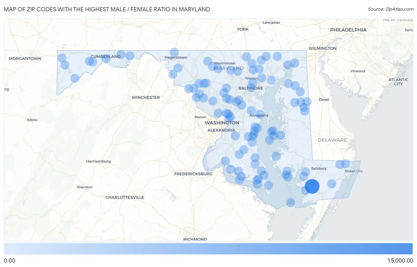 Zip Codes with the Highest Male / Female Ratio in Maryland Map