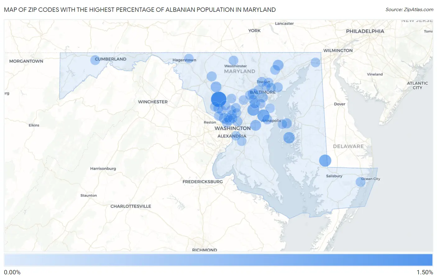 Zip Codes with the Highest Percentage of Albanian Population in Maryland Map