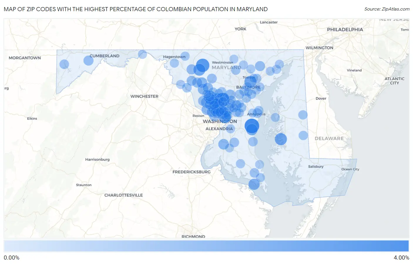 Zip Codes with the Highest Percentage of Colombian Population in Maryland Map