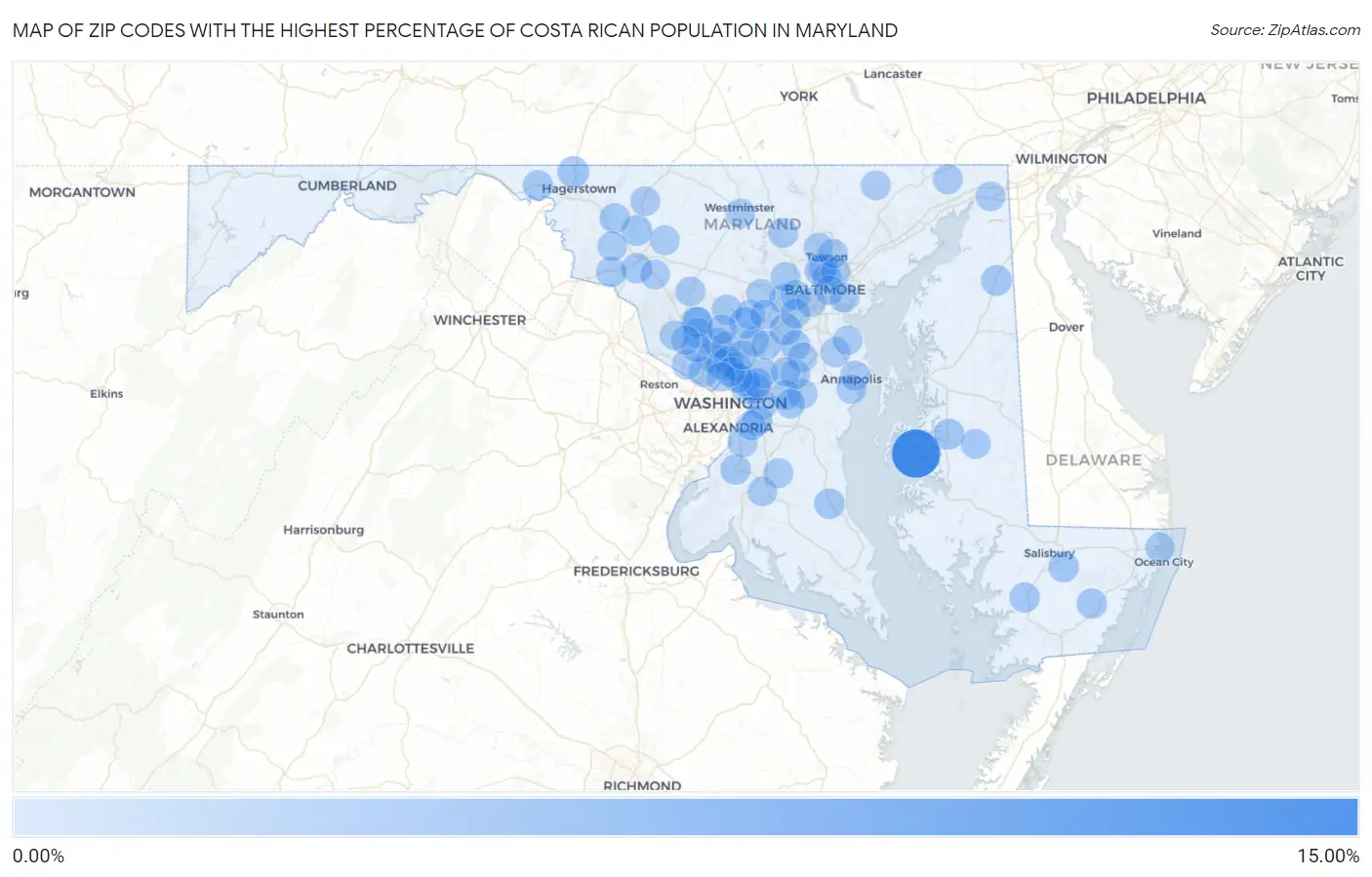 Zip Codes with the Highest Percentage of Costa Rican Population in Maryland Map