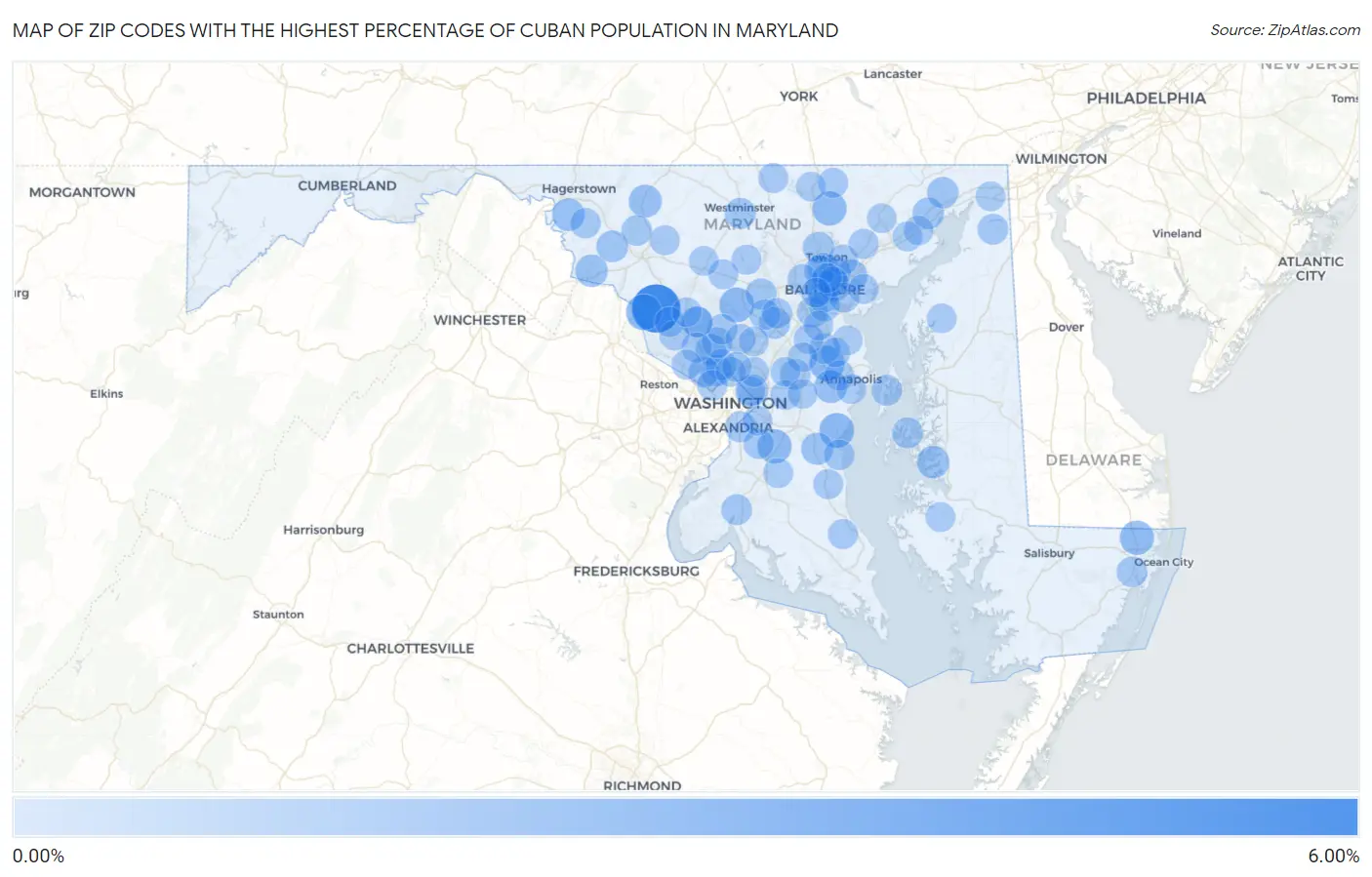Zip Codes with the Highest Percentage of Cuban Population in Maryland Map