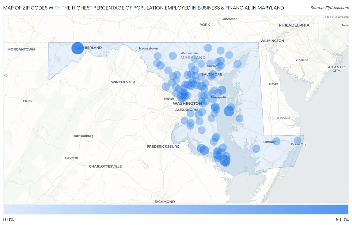 Zip Codes with the Highest Percentage of Population Employed in Business & Financial in Maryland Map