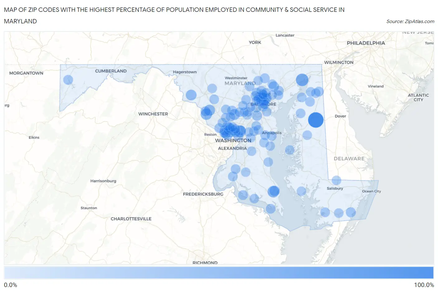 Zip Codes with the Highest Percentage of Population Employed in Community & Social Service  in Maryland Map