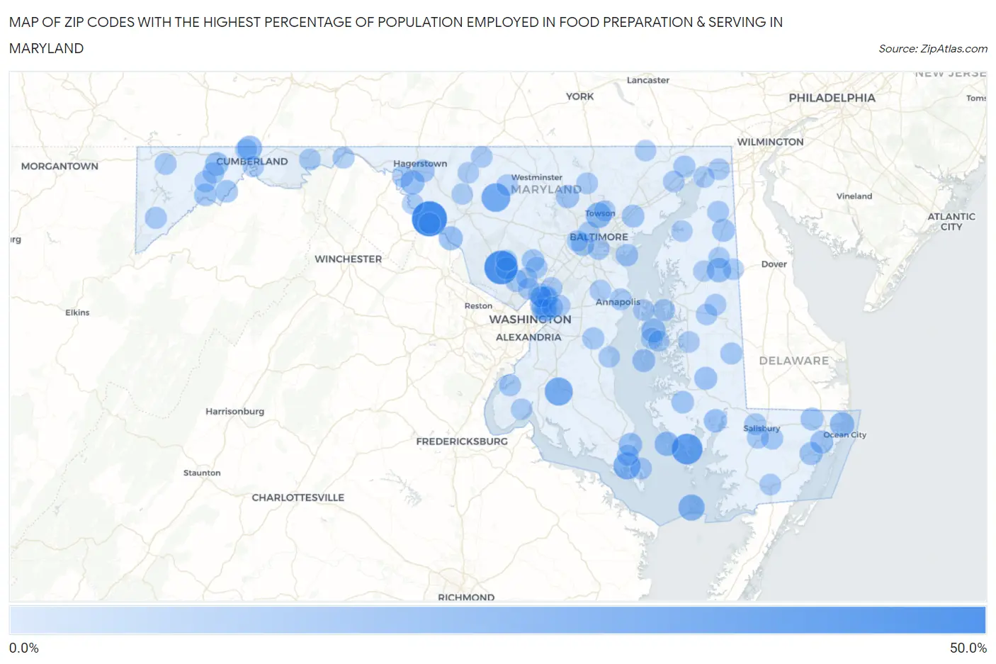 Zip Codes with the Highest Percentage of Population Employed in Food Preparation & Serving in Maryland Map