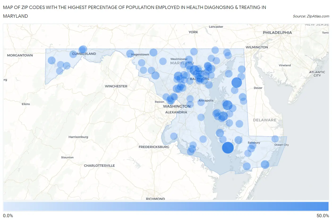 Zip Codes with the Highest Percentage of Population Employed in Health Diagnosing & Treating in Maryland Map