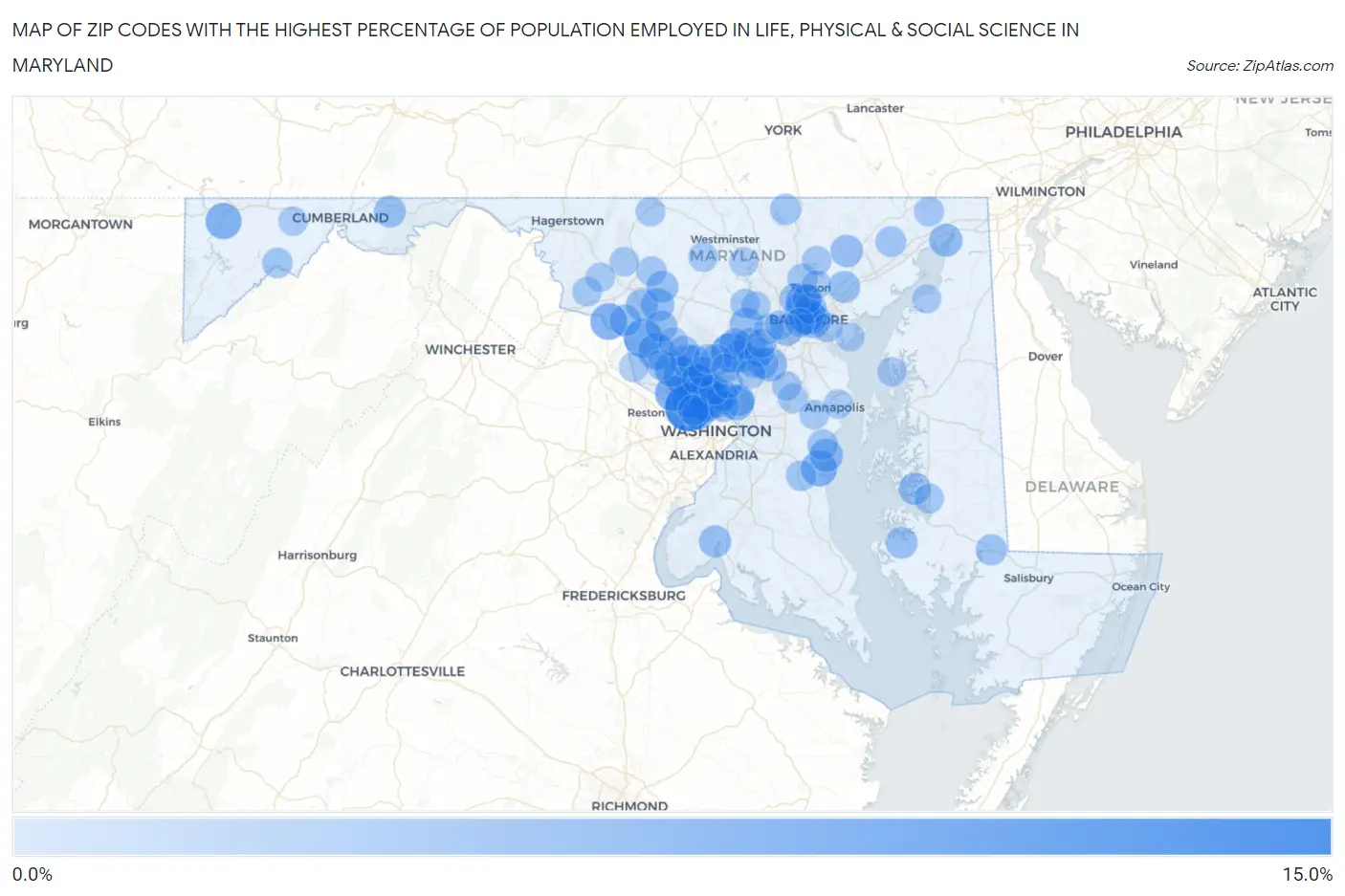 Zip Codes with the Highest Percentage of Population Employed in Life, Physical & Social Science in Maryland Map