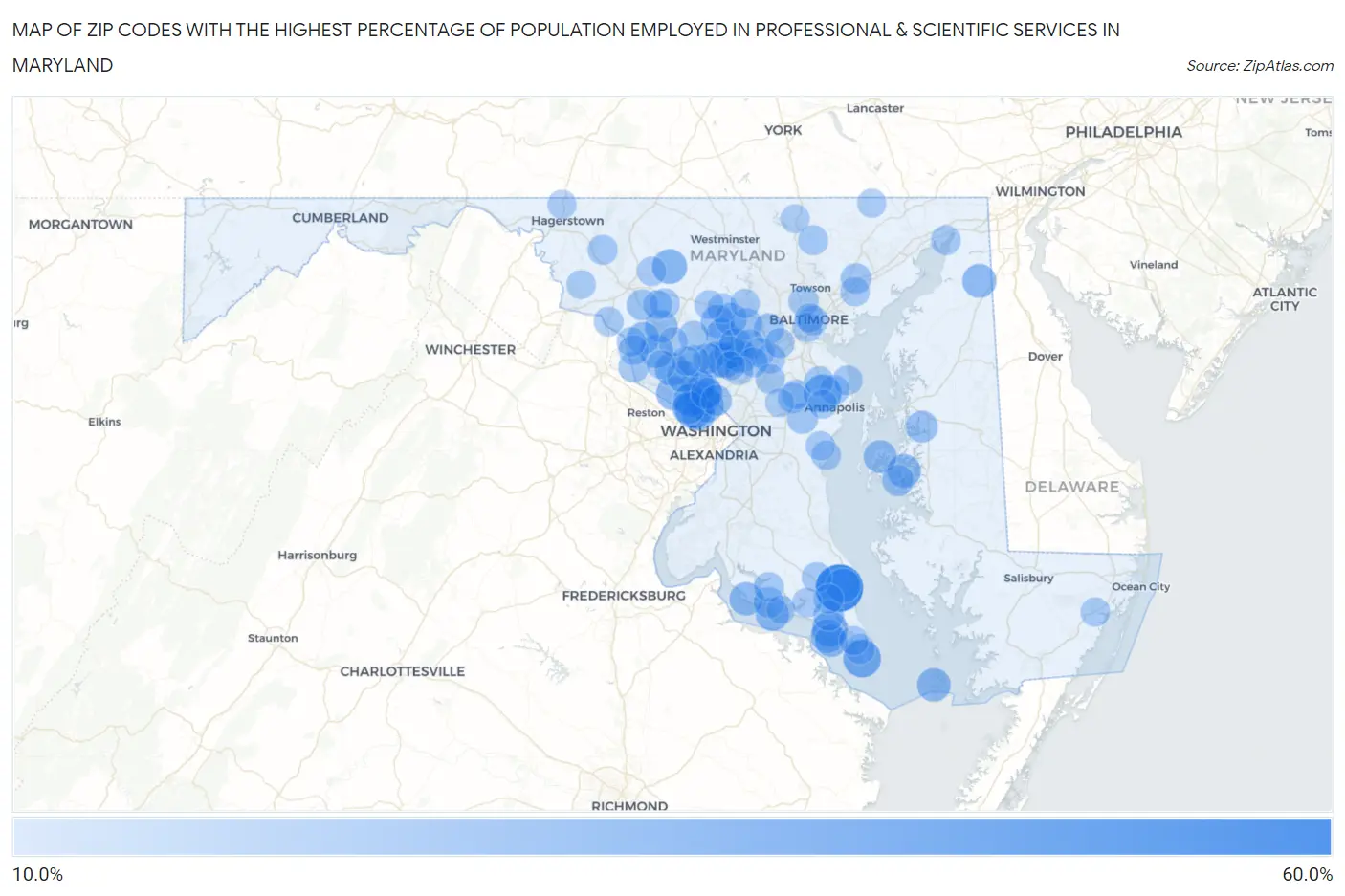 Zip Codes with the Highest Percentage of Population Employed in Professional & Scientific Services in Maryland Map