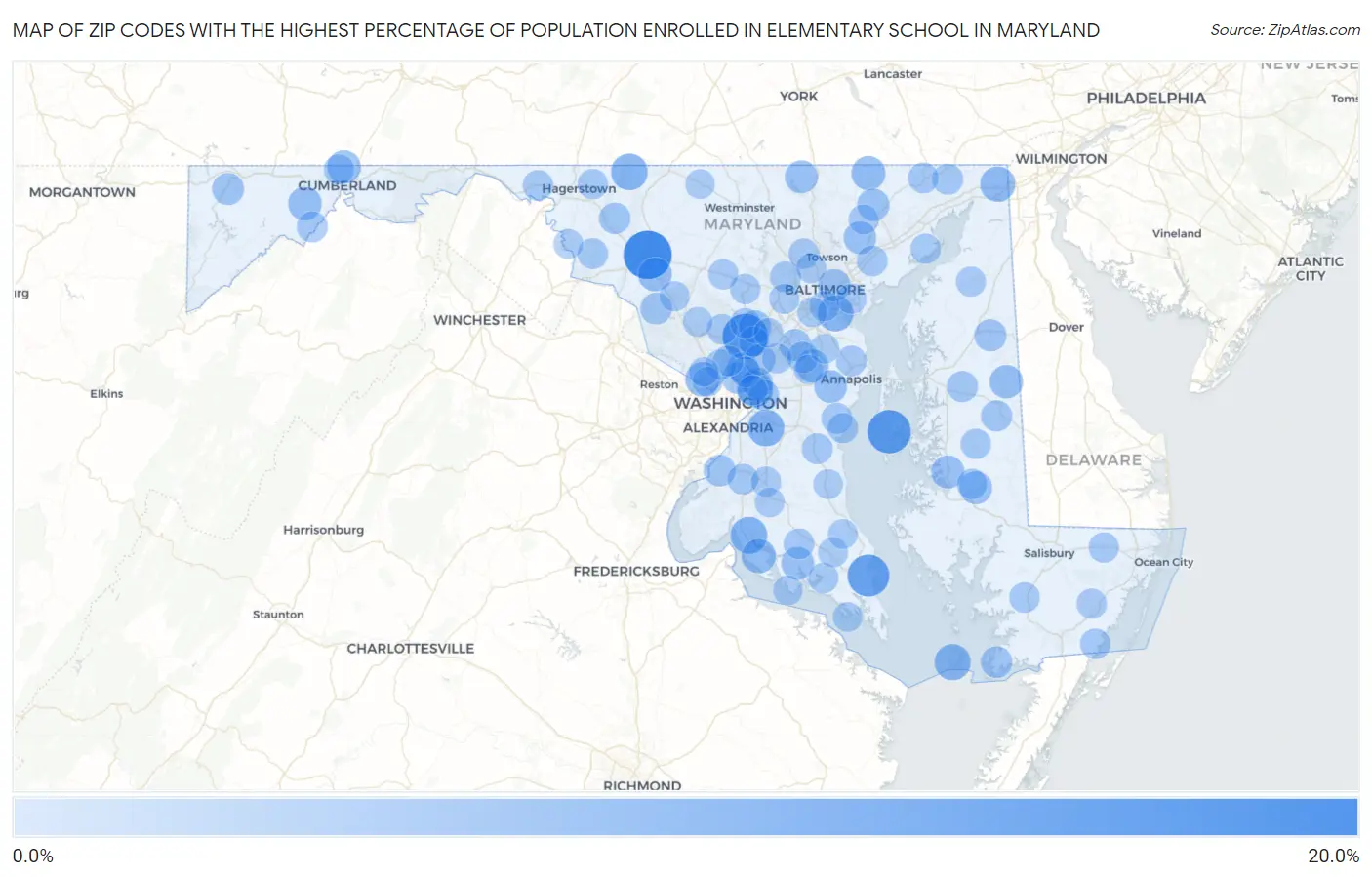 Zip Codes with the Highest Percentage of Population Enrolled in Elementary School in Maryland Map