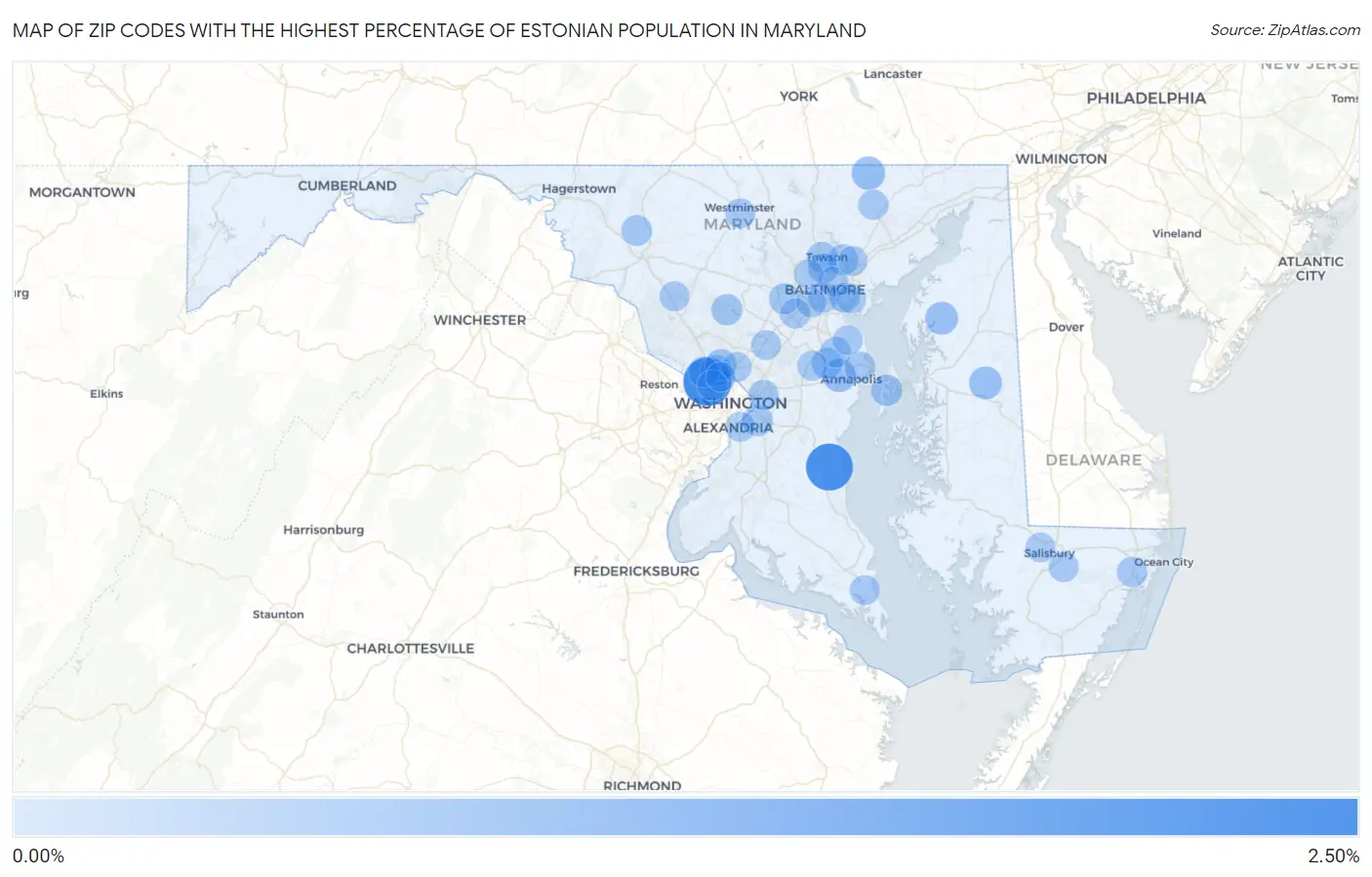 Zip Codes with the Highest Percentage of Estonian Population in Maryland Map