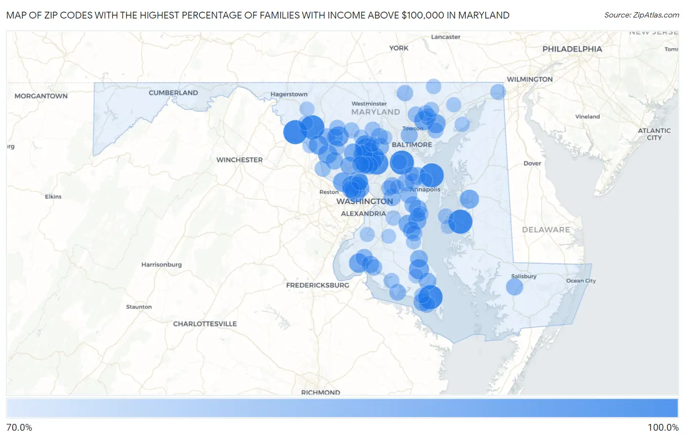 Zip Codes with the Highest Percentage of Families with Income Above $100,000 in Maryland Map