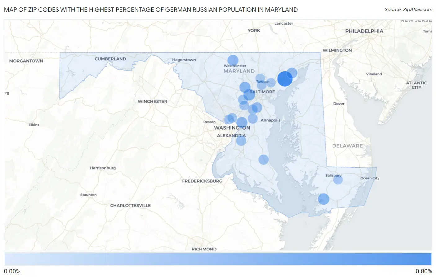 Zip Codes with the Highest Percentage of German Russian Population in Maryland Map